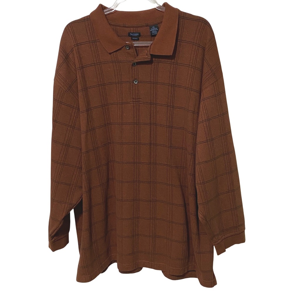 Y2K Van Heusen Studio Mens 4XL Rust Brown Grid Long Sleeve Polo Shirt Grandpa